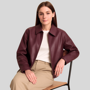 veste cuir femme IKKY – coupe relaxed, col structuré & fermeture zippée