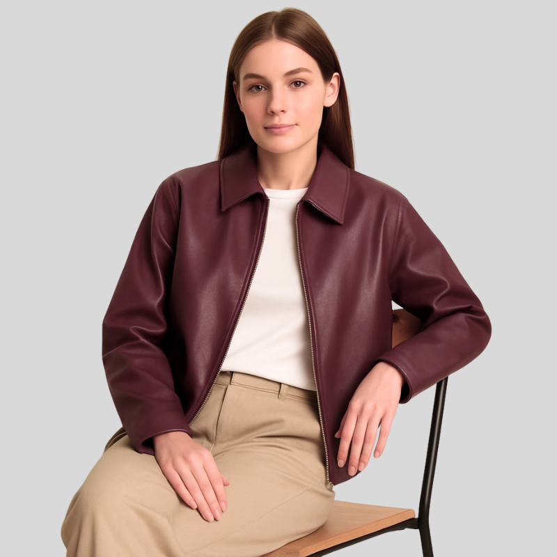 veste cuir femme IKKY – coupe relaxed, col structuré & fermeture zippée