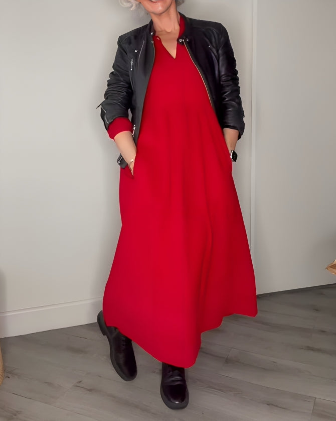 Robe longue femme Amanda – robe élégante à col en V et manches longues pour l’hiver