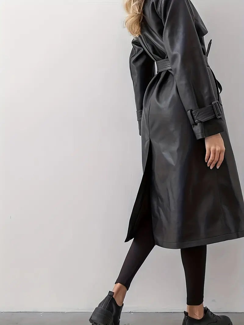 Trench-coat long en cuir Ella – Bretelles croisées & ceinture cintrée élégante