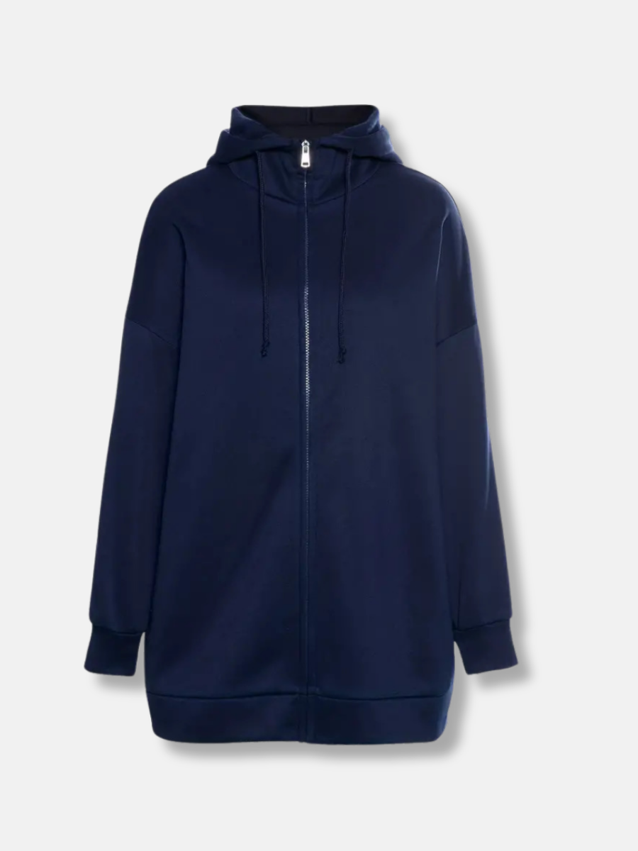 Sweat à capuche long femme avec col montant et zip – confort casual