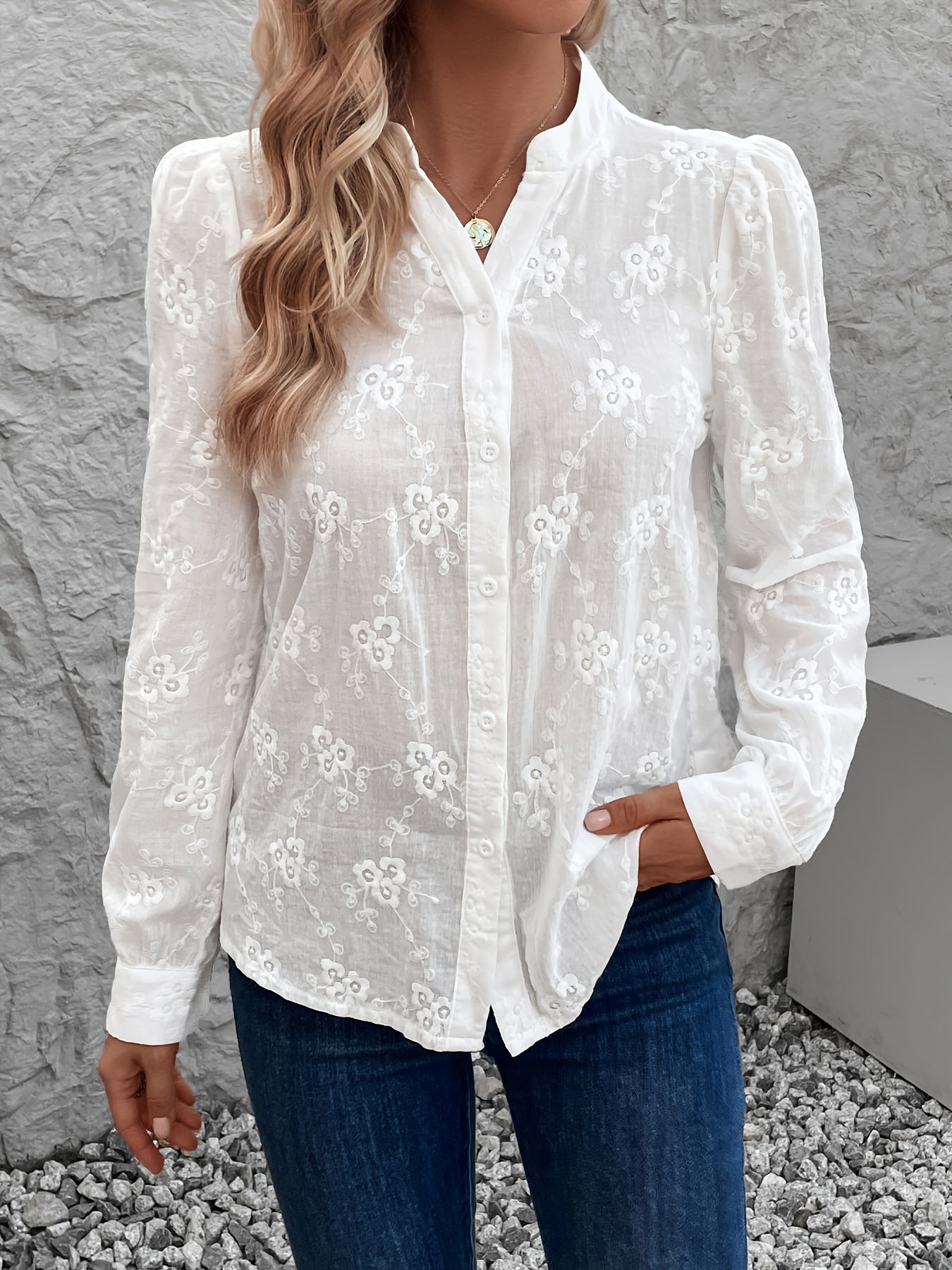 Blouse femme dentelle brodée – chemisier élégant à manches longues en coton