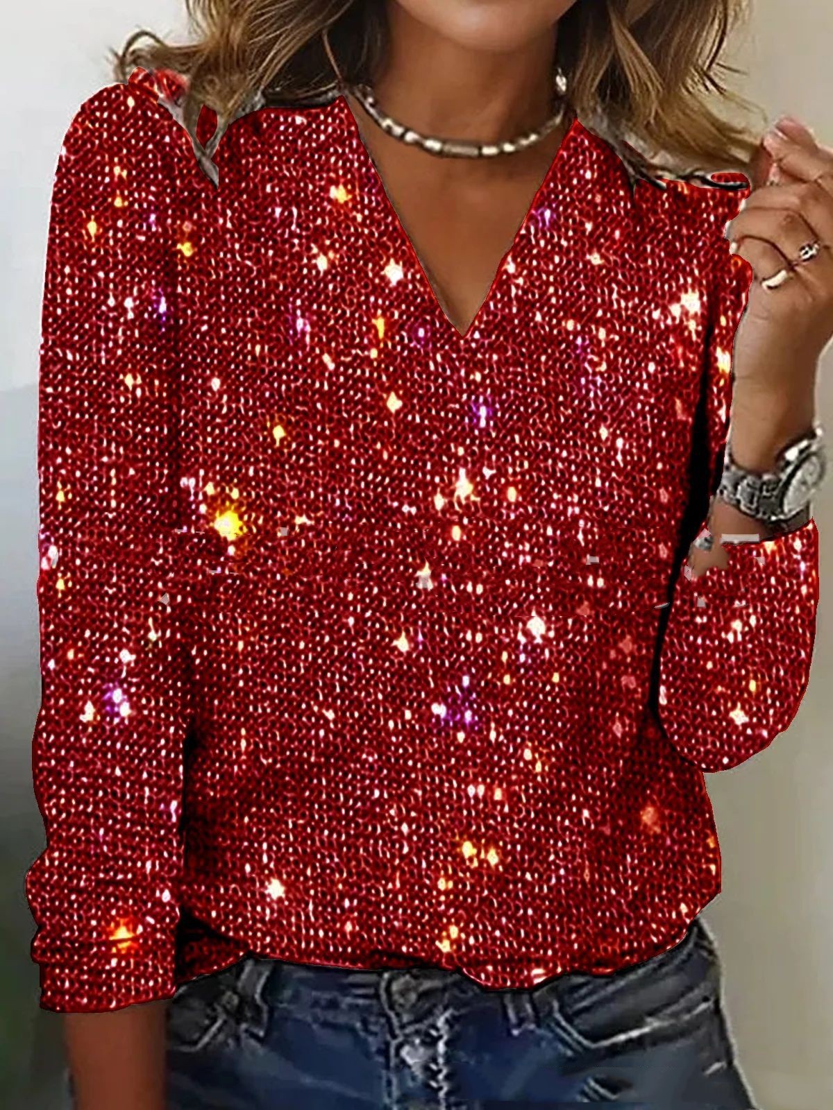 Blouse femme Caroline à paillettes – Col V et manches longues tendance