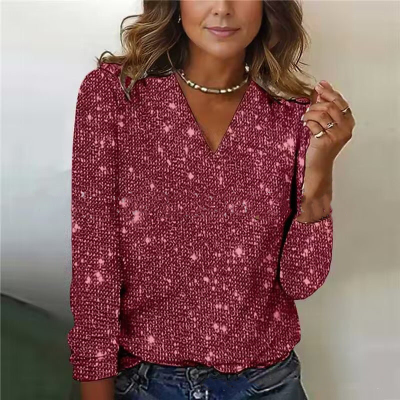 Blouse femme Caroline à paillettes – Col V et manches longues tendance
