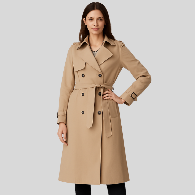 trench femme GURI – veste ceinturée cintrée à double boutonnage élégante