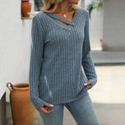 Blouse femme casual unie col V boutonné – Manches longues élégantes