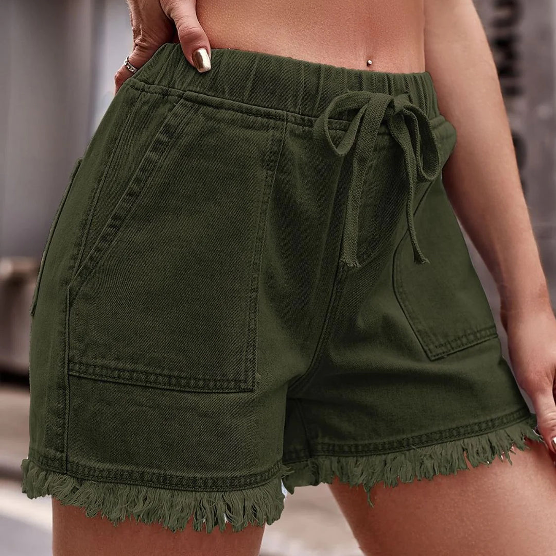 Short en denim frangé à taille élastique – été confortable & stylé