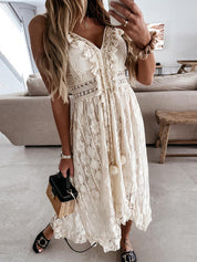 Robe maxi Mara boho chic V-col romantique – lin léger été blanc beige