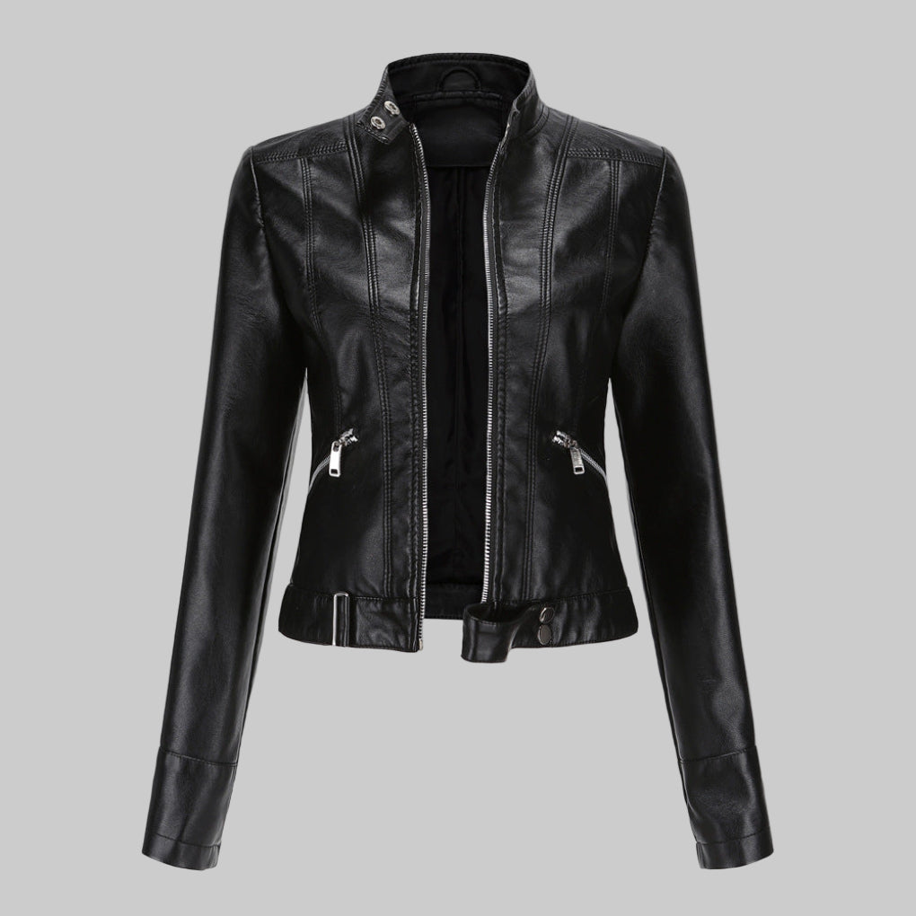 Veste en cuir femme – blouson élégant avec col montant et fermeture zippée
