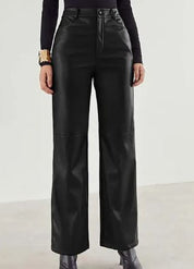 Pantalon femme en cuir – Taille haute à jambes larges avec poches pratiques