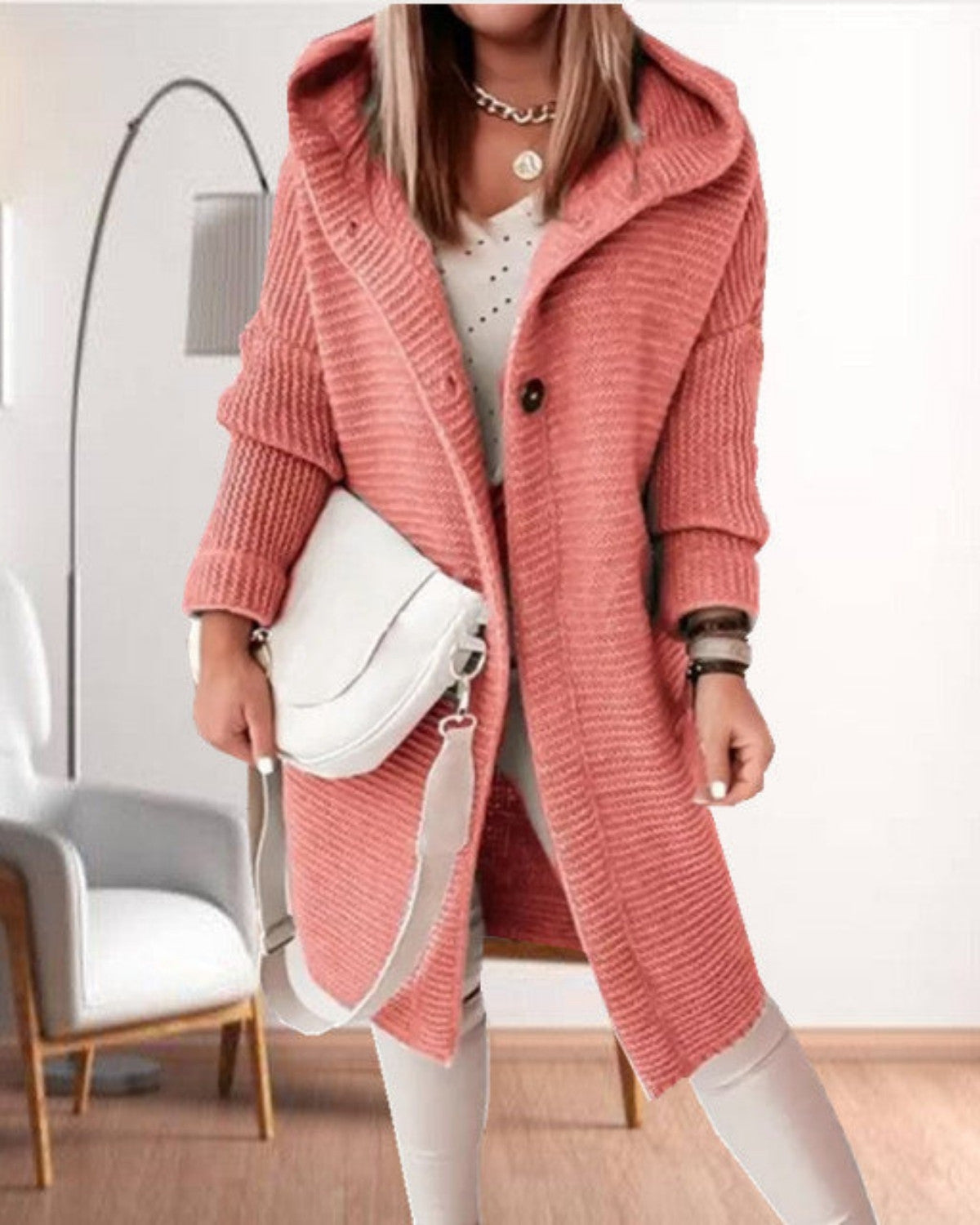 Veste d’hiver femme en maille – Casual avec capuche & fermeture boutonnée