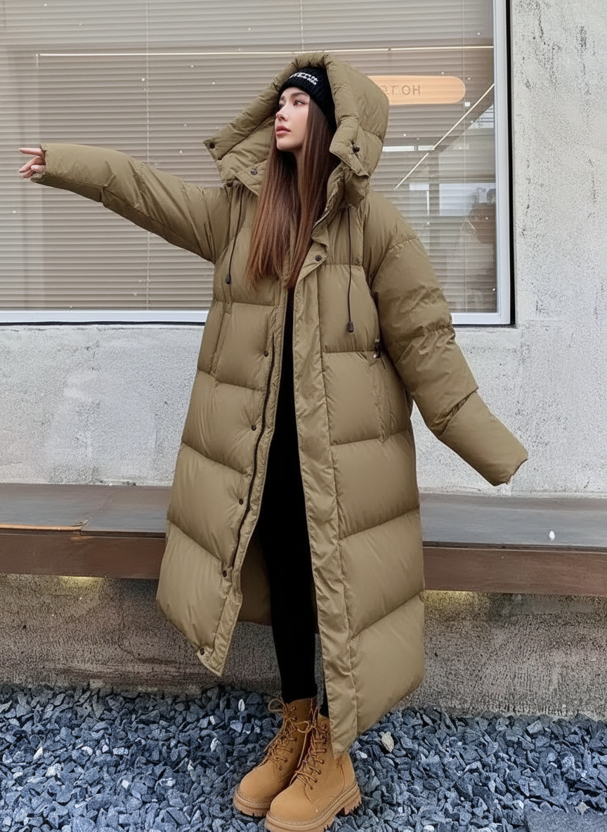 Puffer long femme capuche – Doudoune isolante coupe relax & coupe-vent