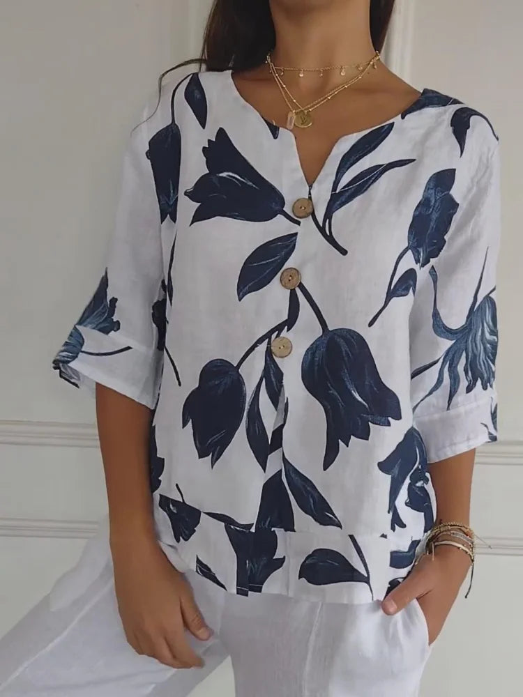 Blouse Femme Col V à Imprimé Fleuri – Légère et Élégante pour l’Été
