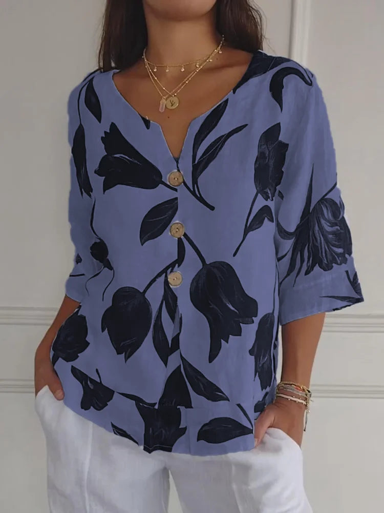 Blouse Femme Col V à Imprimé Fleuri – Légère et Élégante pour l’Été