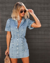 Robe courte en denim femme – Mini-robe en jean avec manches bouffantes & ceinture