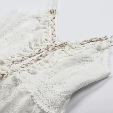 Robe maxi Mara boho chic V-col romantique – lin léger été blanc beige