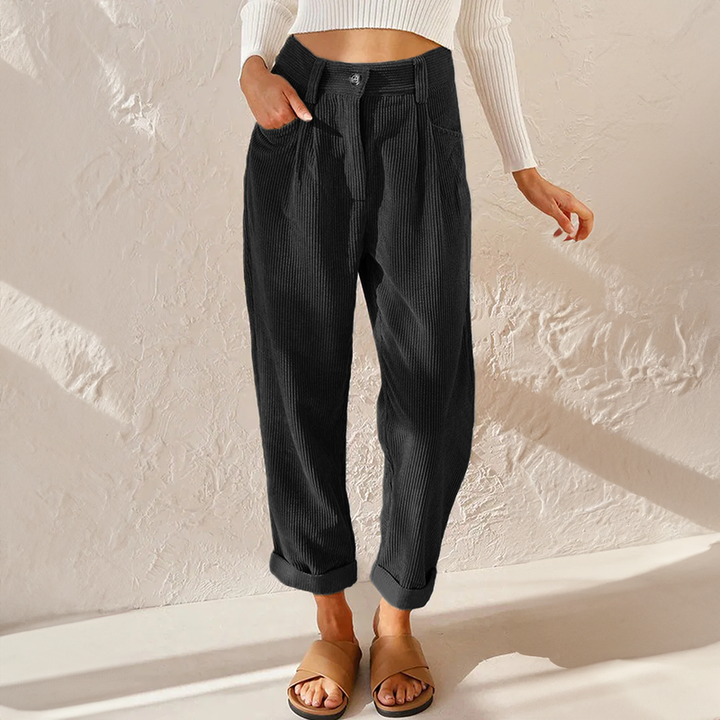 Pantalon femme en velours côtelé – taille haute élastique & coupe fluide