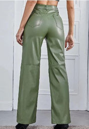 Pantalon femme en cuir – Taille haute à jambes larges avec poches pratiques