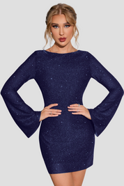 Robe femme à paillettes – Élégante robe de soirée dos nu à manches longues
