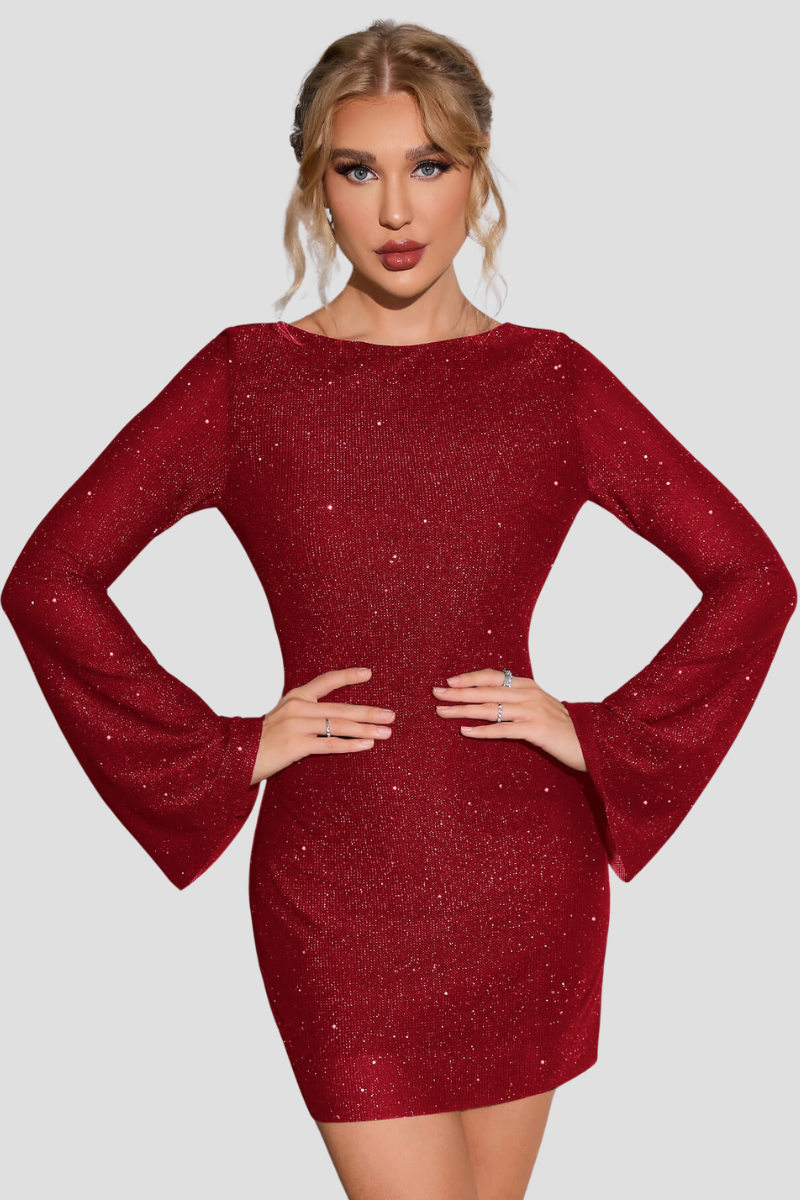 Robe femme à paillettes – Élégante robe de soirée dos nu à manches longues