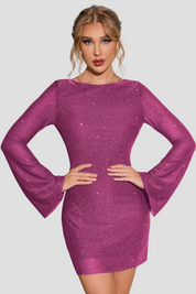 Robe femme à paillettes – Élégante robe de soirée dos nu à manches longues