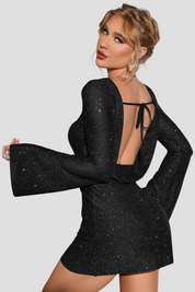 Robe femme à paillettes – Élégante robe de soirée dos nu à manches longues