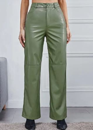 Pantalon femme en cuir – Taille haute à jambes larges avec poches pratiques