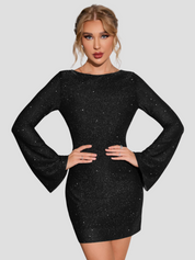 Robe femme à paillettes – Élégante robe de soirée dos nu à manches longues