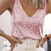 Top femme à paillettes – haut élégant à col V scintillant pour soirées & fêtes