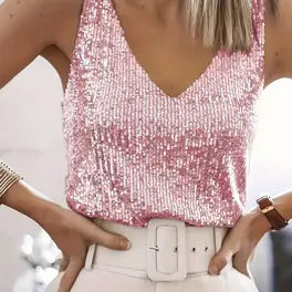Top femme à paillettes – haut élégant à col V scintillant pour soirées & fêtes