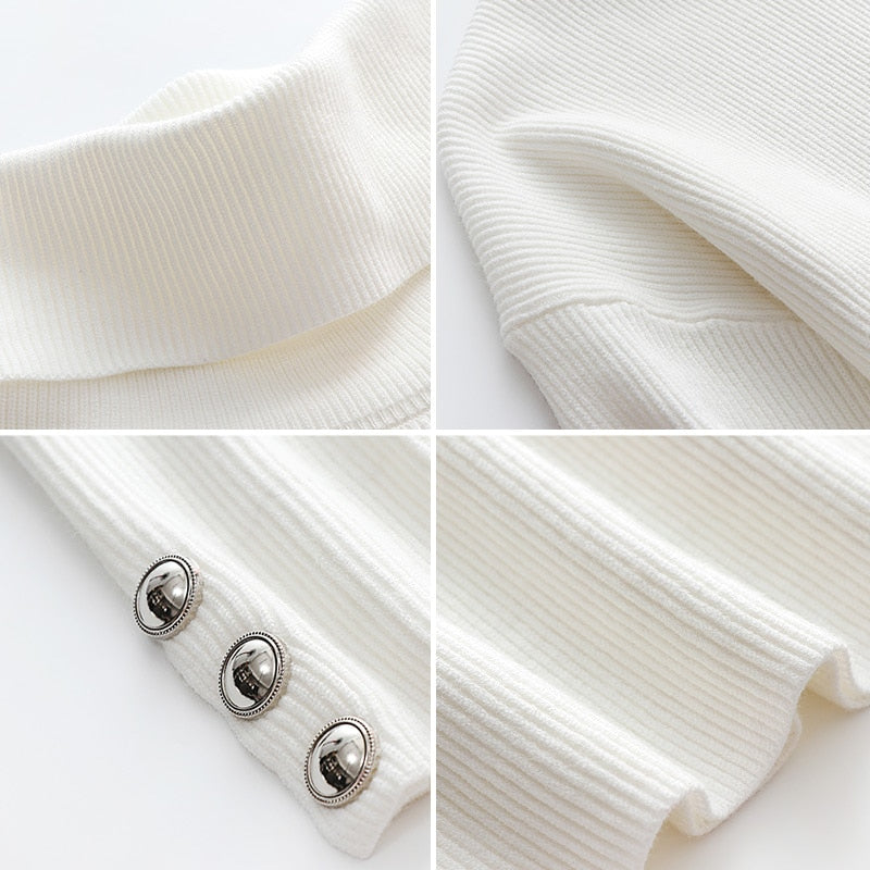 Pull Joanna col roulé boutons argentés – Tricot chaud élégant hiver cosy