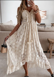 Robe maxi Mara boho chic V-col romantique – lin léger été blanc beige