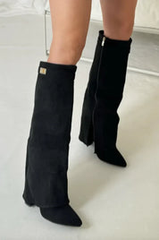 Bottes hautes femme à talon bloc – suède ou cuir avec boucle & fermeture zippée