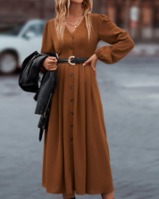 Robe longue Amira femme — maxi automne col V & boutonnée