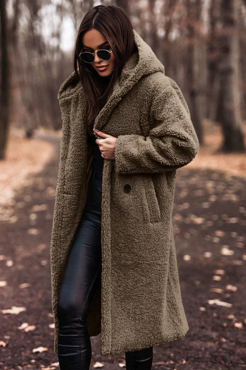 Manteau teddy long femme — manteau d’hiver chaud & stylé en coupe décontractée
