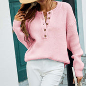 Pull femme basique manches longues col rond & boutons subtils – Maille confortable