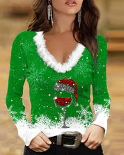 Pull de Noël Mirelle femme – tricot V-neck imprimé & col fluffy