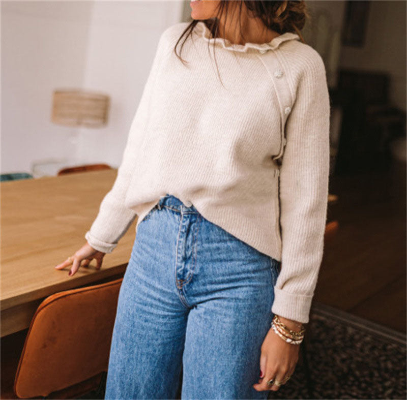 Pull laine mélangée femme — col volanté & détails boutonnés