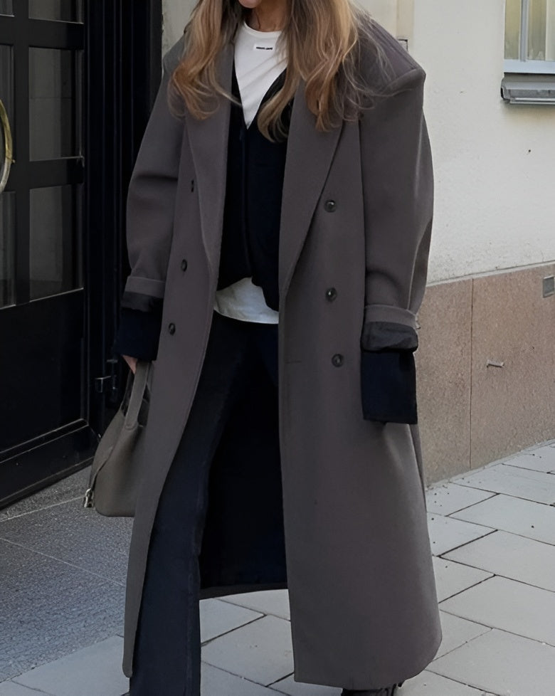 Manteau long oversize femme – col à revers et double boutonnage