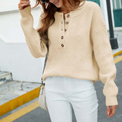 Pull femme basique manches longues col rond & boutons subtils – Maille confortable