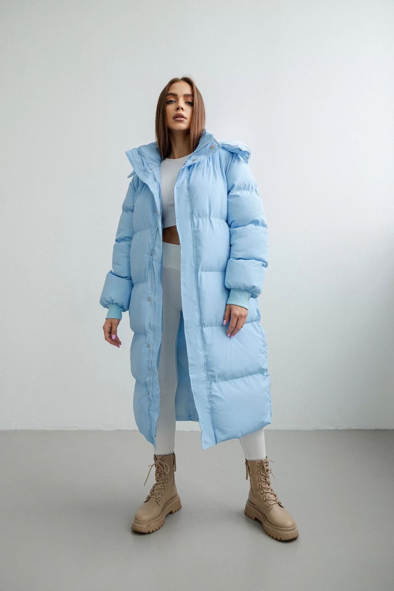 Manteau long femme puffer trench – Doudoune oversize avec capuche et col montant