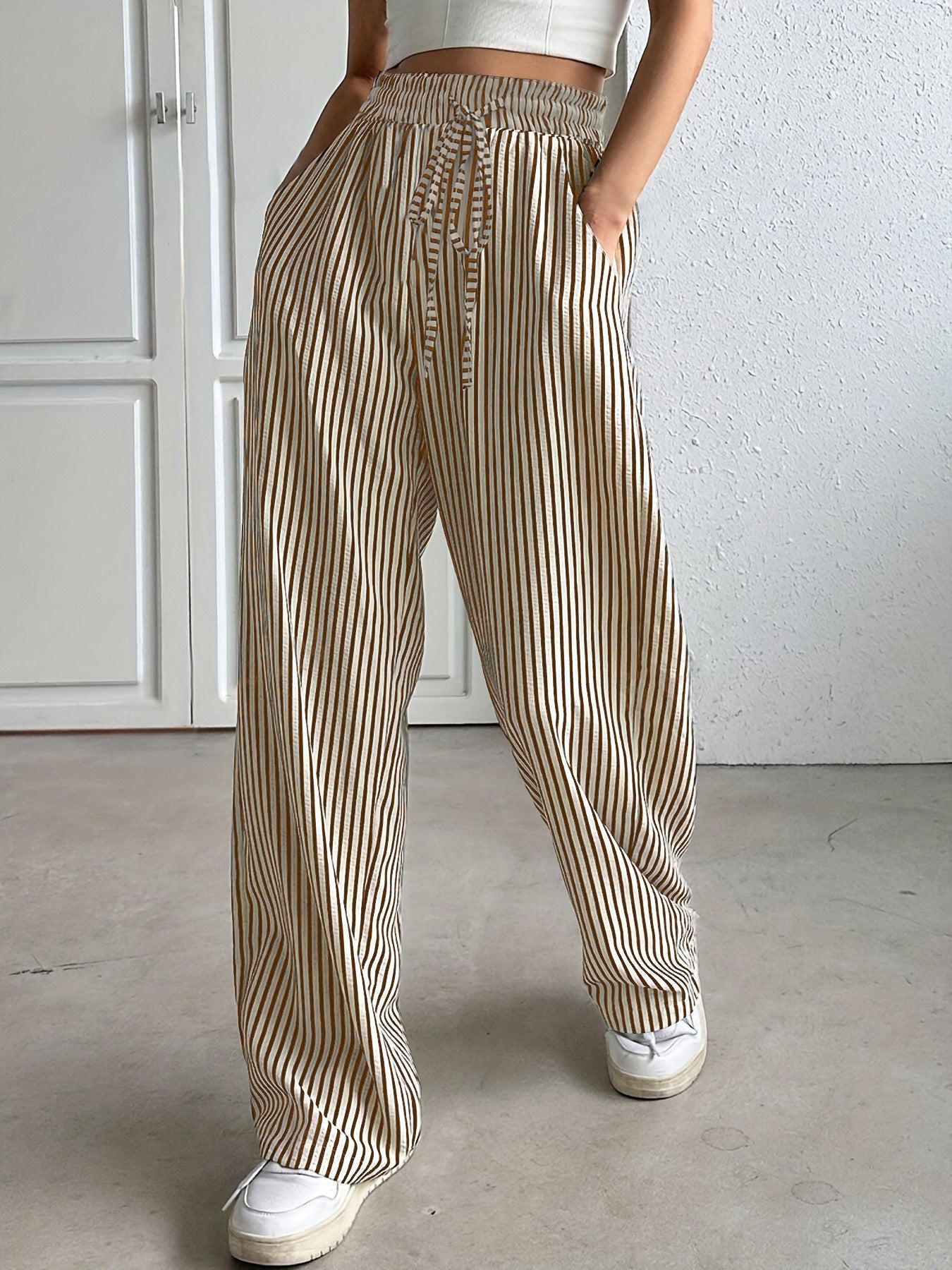 Pantalon femme à rayures – pantalon large avec taille élastique & poches latérales