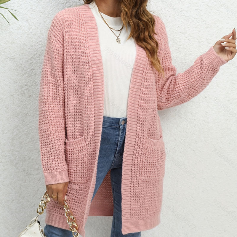 Gilet femme Heidi – long cardigan en maille douce avec poches & coupe décontractée