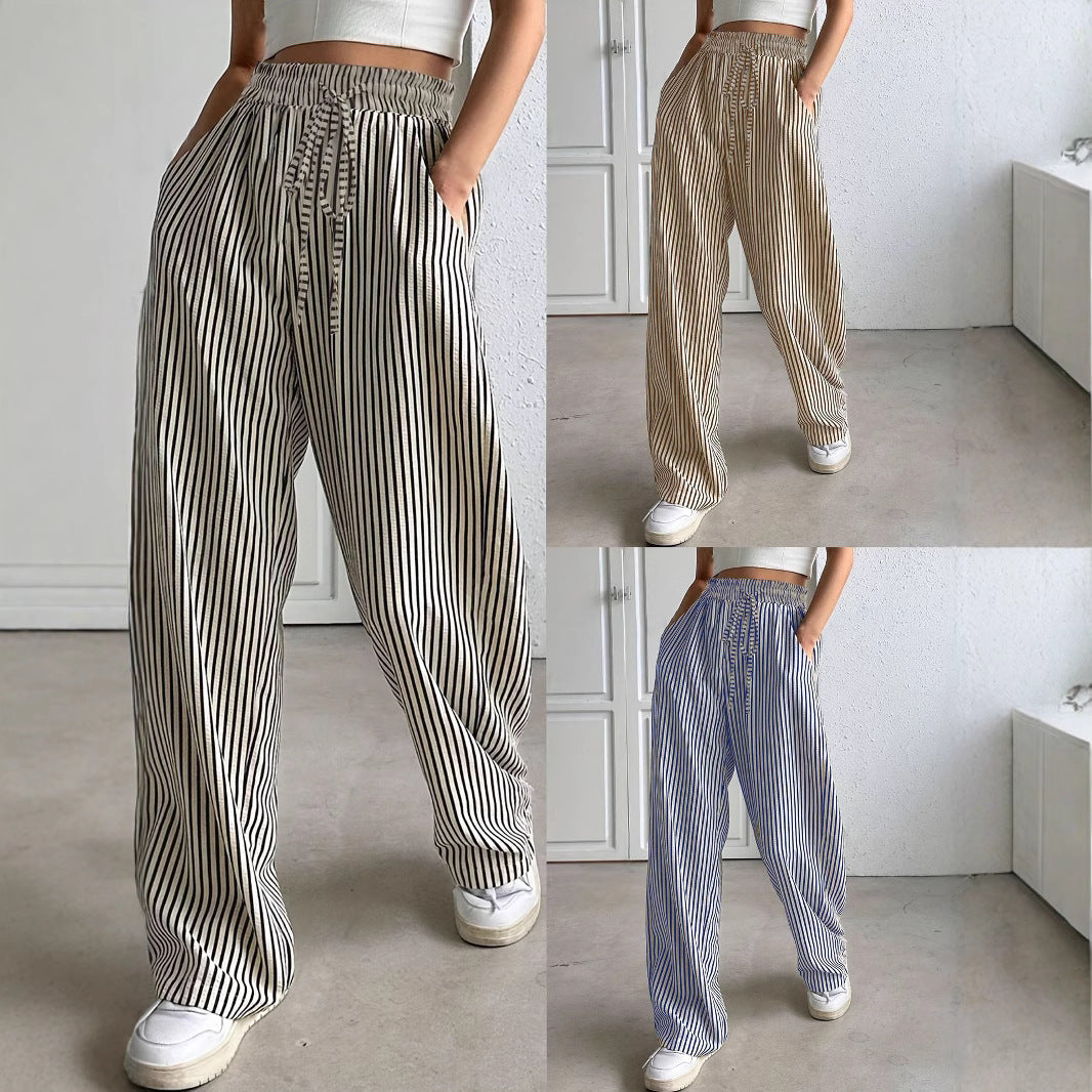 Pantalon femme à rayures – pantalon large avec taille élastique & poches latérales