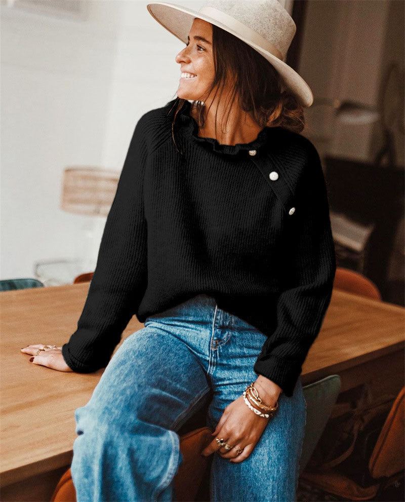 Pull laine mélangée femme — col volanté & détails boutonnés