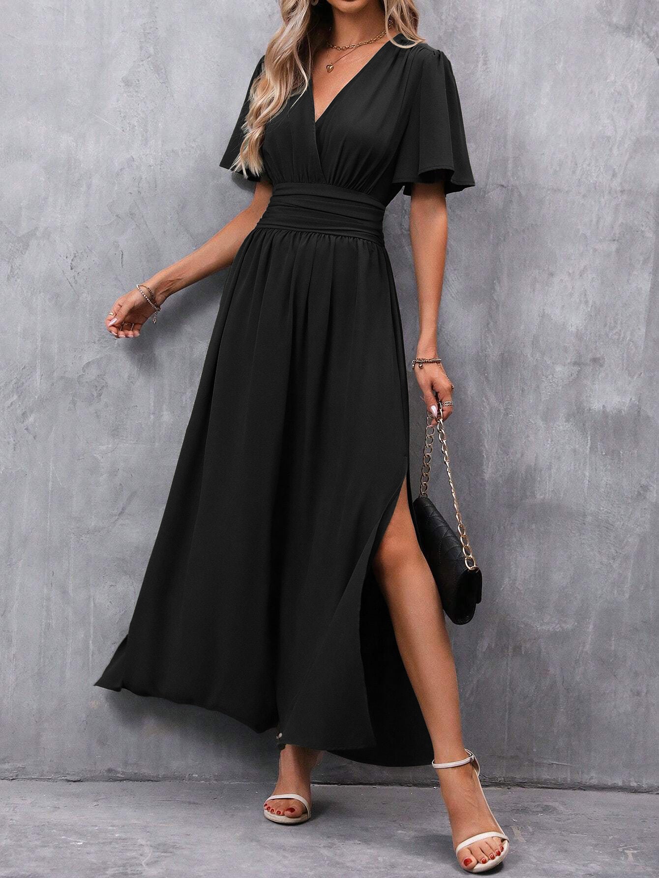Robe longue noire femme – robe élégante à col V, manches papillon et fente latérale