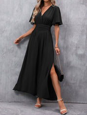 Robe longue noire femme – robe élégante à col V, manches papillon et fente latérale