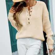 Pull femme basique manches longues col rond & boutons subtils – Maille confortable