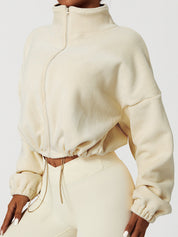 Veste femme cropped en polaire – Coupe ample avec col montant et cordon ajustable