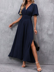 Robe longue noire femme – robe élégante à col V, manches papillon et fente latérale
